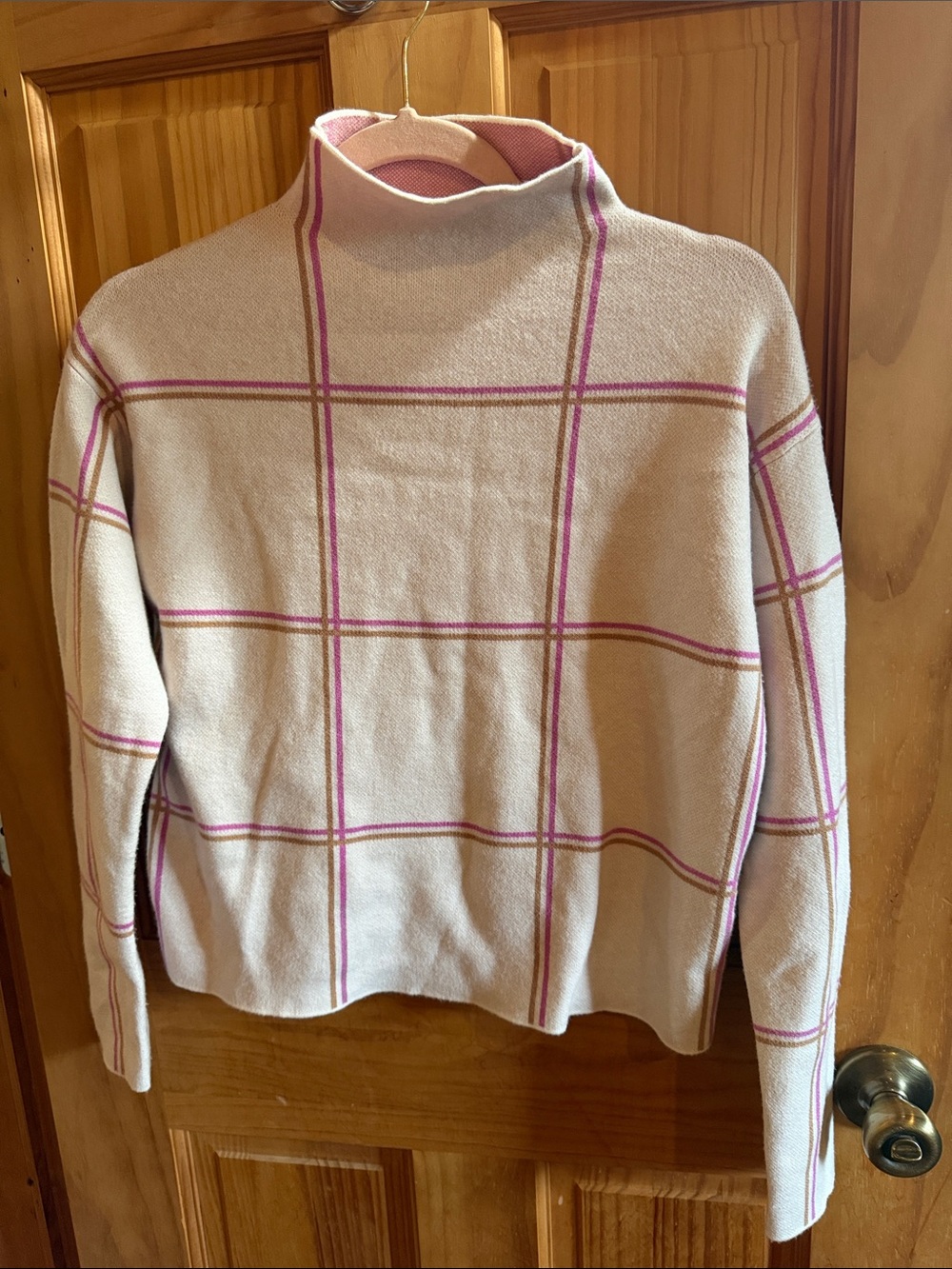 Tahari Cream Turtleneck Sweater with Pink Windowpane